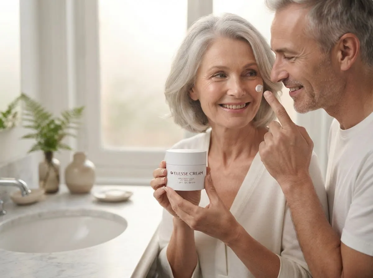 Mature couple enjoying a skincare moment at home