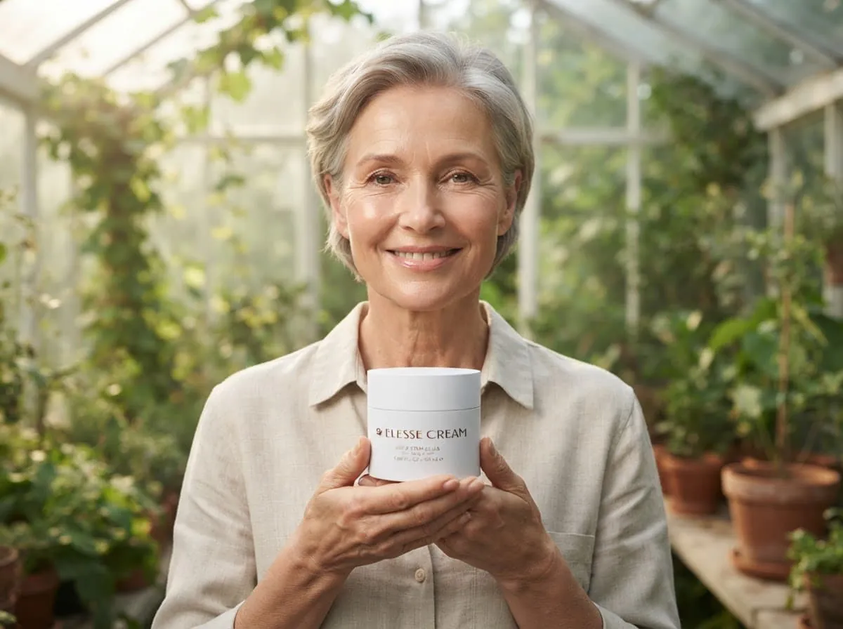 Smiling woman holding a jar of Elesse Cream