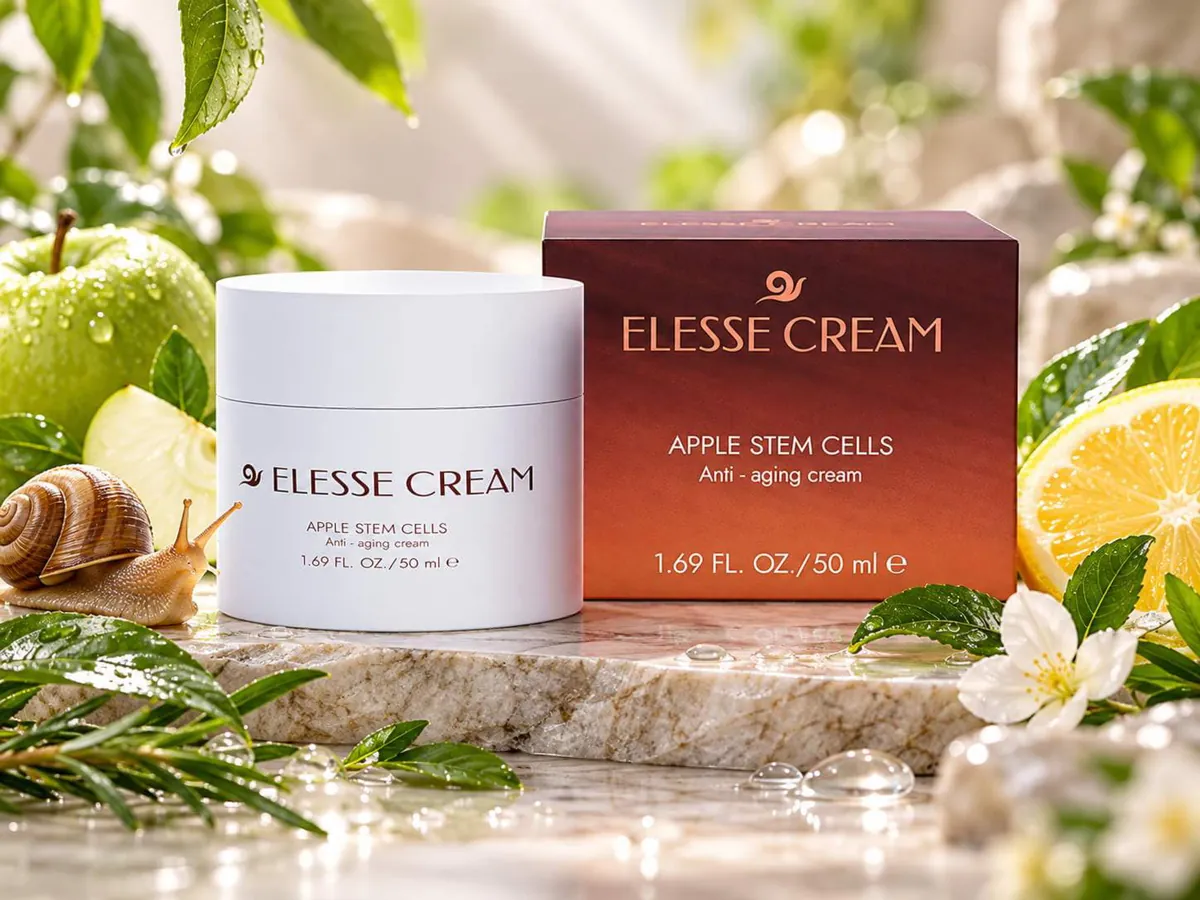 Elesse Cream jar and box among apples, citrus and botanical ingredients
